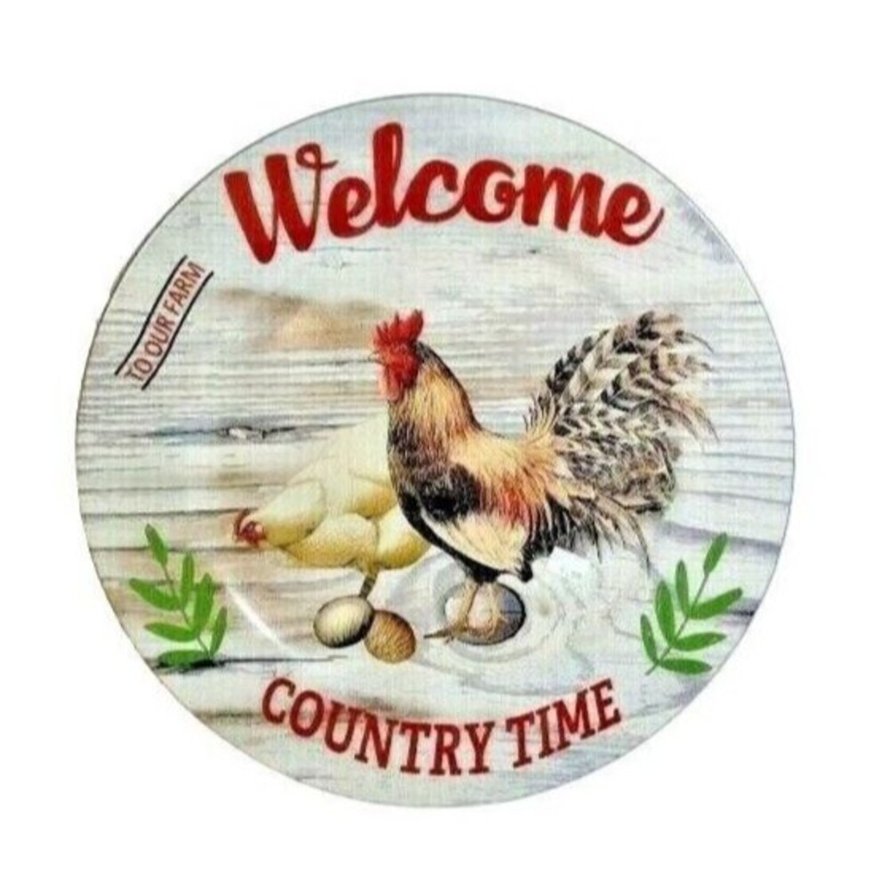 Welcome Country Time Charger Plate 13-in Rooster Hen Eggs Melamine Farmhouse NEW